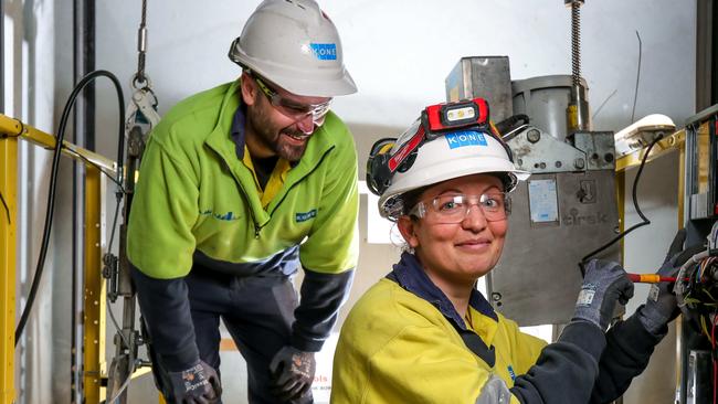 Sean Bell supervises electrician apprentice Sarah Tabone. Picture: Tim Carrafa