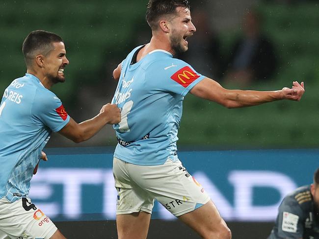 MELBOURNE, AUSTRALIA - MARCH 12: Terry Antonis of Melbourne City celebrates scoring a goal during the A-League Men round 12 match between Melbourne City and Western Sydney Wanderers at AAMI Park, on March 12, 2024, in Melbourne, Australia. (Photo by Daniel Pockett/Getty Images) (Photo by Daniel Pockett/Getty Images)