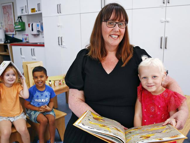 WEEKEND TELEGRAPHS - 21/2/23 MUST CHECK WITH PIC EDITOR JEFF DARMANIN BEFORE PUBLISHING  -Renee Connaghan, campus director at All About Children in Wahroonga pictured in class room today with kids L to R, Abigail Sinclair,  Aydin Nathwani and Indi Van Coller,. Picture: Sam Ruttyn