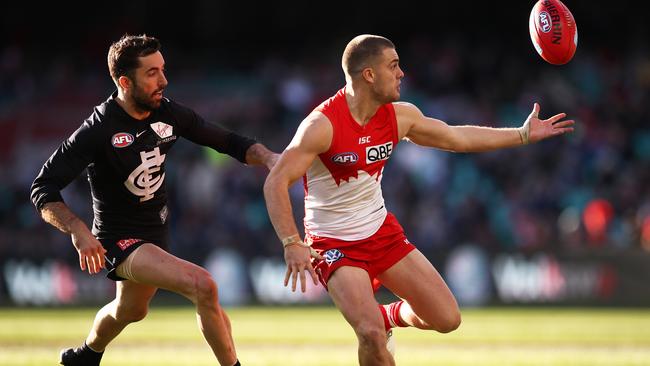 Sydney forward Tom Papley leads Kade Simpson to the ball. Picture: Getty Images