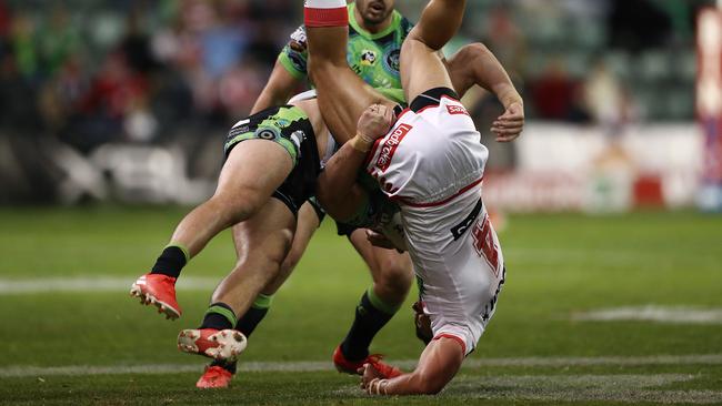 Nick Cotric was sent off for this tackle on Tim Lafai. Picture: Getty Images