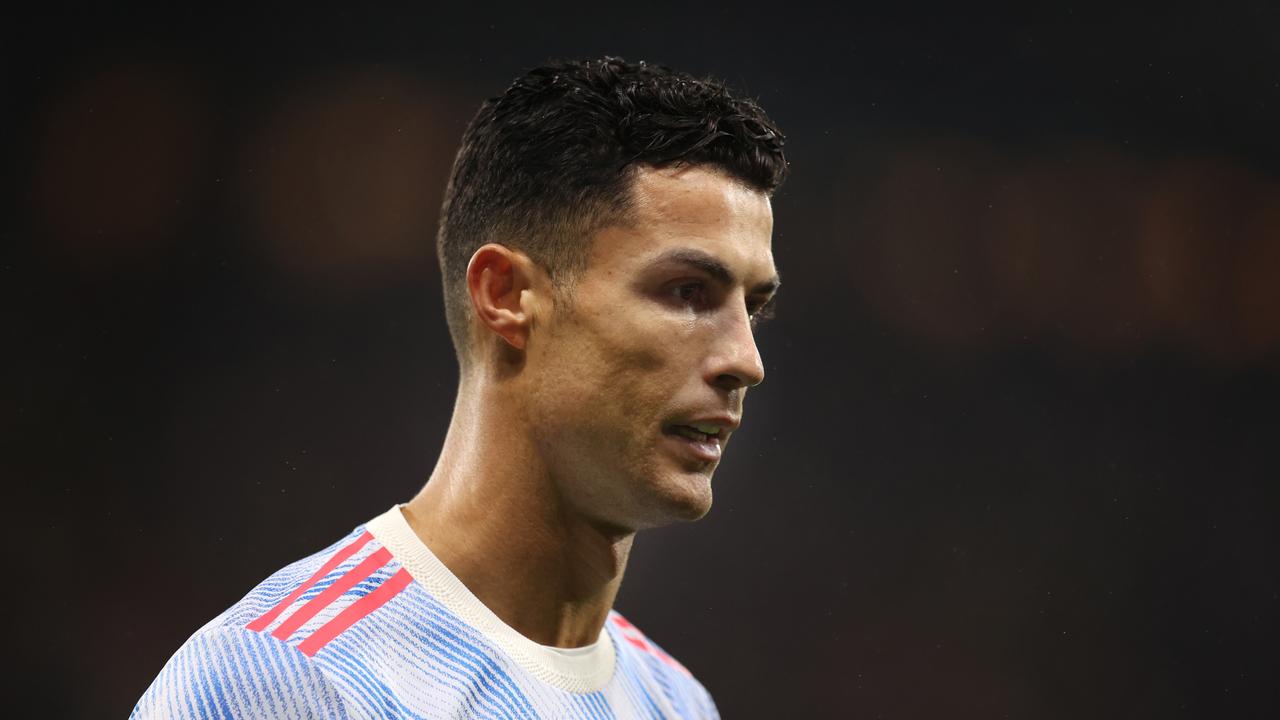 WATFORD, ENGLAND - NOVEMBER 20: Cristiano Ronaldo of Manchester United looks on during the Premier League match between Watford and Manchester United at Vicarage Road on November 20, 2021 in Watford, England. (Photo by Alex Pantling/Getty Images)