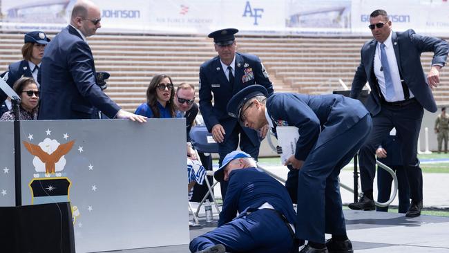 Biden is helped up after falling during the graduation ceremony at the United States Air Force Academy, in El Paso County, Colorado, in 2023. Picture: AFP