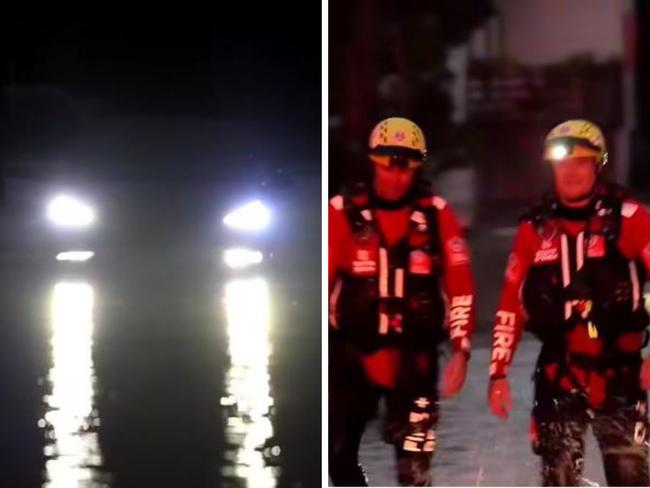 Footage has captured the moment a Tesla became trapped in floodwaters in Port Macquarie, as wild weather conditions batter the region. Picture: Adam Dederer