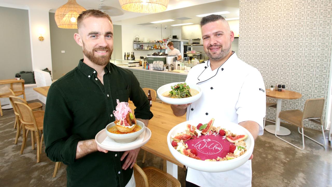 Owner Adam Dartnall and chef Matt Roman at new cafe Willow in Balmoral with their dragon fruit panna cotta, Turkish breakfast brulee and Malay salmon laksa. Picture: Steve Pohlner