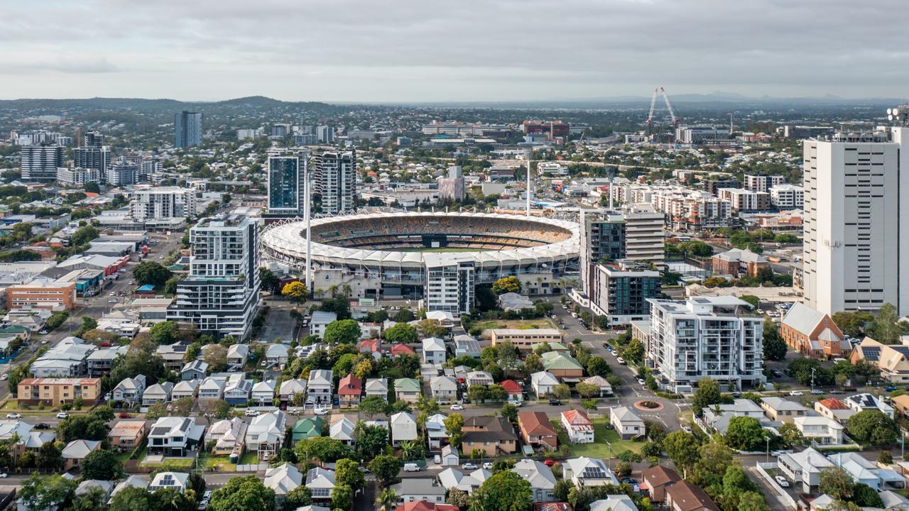 Developing Queensland - Brisbane Queensland Australia - January 10 2023 : Woolloongabba (Gabba) stadium is seen on a summer morning. This stadium is set to welcome Brisbane Olympics summer games in 2032.