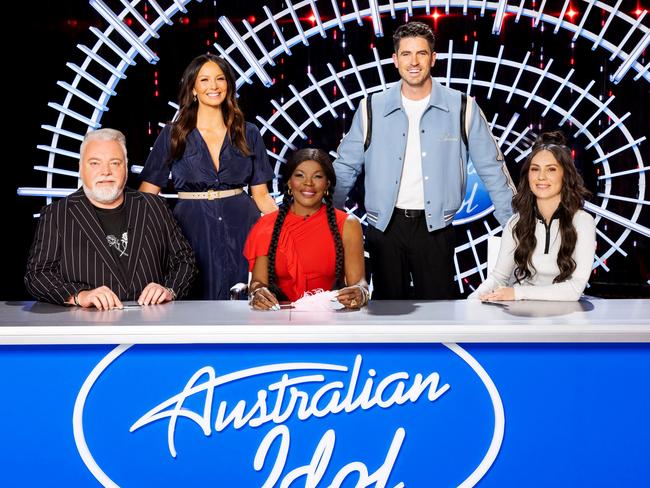 The full case of Idol in 2024: Radio shock jock Kyle Sandilands, co-host Ricki-Lee Coulter, Marcia Hines, Scott Tweedie (who also hosts with Coulter), and singer Amy Shark. Picture: Seven