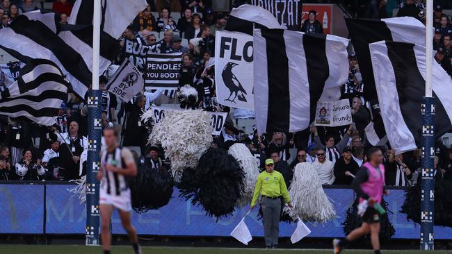 The Collingwood cheer squad in the MCG’s Ponsford stand. Pic: Michael Klein