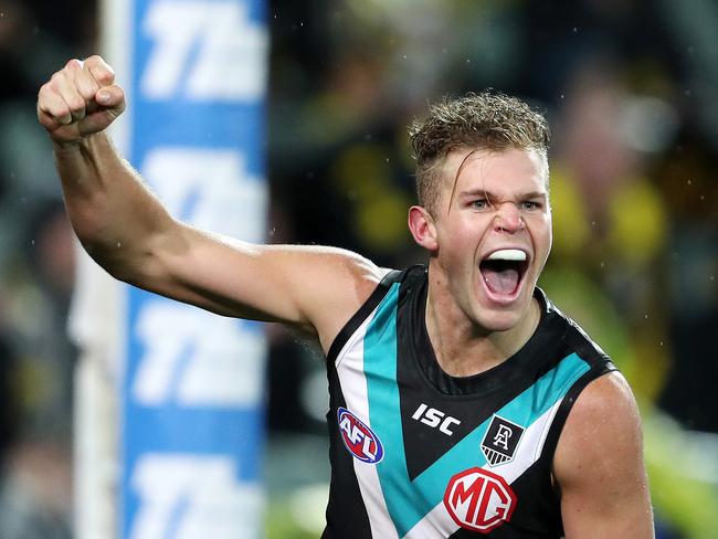 AFL - Saturday, 8th August, 2020 - Port Adelaide v Richmond at the Adelaide Oval. Port Adelaide's Dan Houston celebrates his goal Picture: Sarah Reed