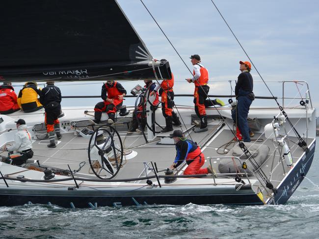 Launceston to Hobart Yacht Race favourite Alive led the fleet out of the Tamar River. Picture: COLLEEN DARCEY