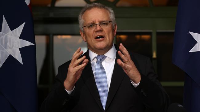 Prime Minister Scott Morrison during a press conference at The Lodge in Canberra. Picture: NCA NewsWire / Gary Ramage