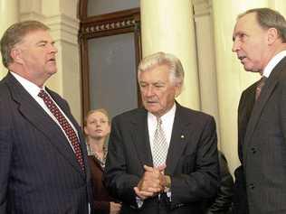 Labor leaders past and present Kim Beazley, Bob Hawke and Paul Keating come together for the launch of a new book about the Labor Party in the Queens Hall at the Victorian State Parliament in 2001. Picture: JULIAN SMITH