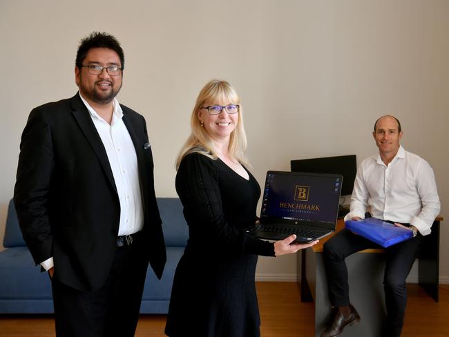 Robert Ballais and Jodie van-Vegchel, with Shaun McLaren (right), have started the legal firm Benchmark Law Services with offices in Denham Street. Picture: Evan Morgan