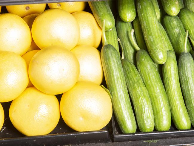 Colourful citrus sits alongside Lebanese cucumbers. Picture: Rob Leeson