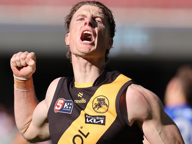 Lachlan Hosie from Glenelg reacts after scoring a goal during the SANFL preliminary final match between Central Districts and Glenelg at the Adelaide Oval in Adelaide, Sunday, September 15, 2024. (SANFL Image/David Mariuz)