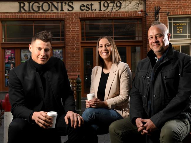 Max Sharrad wife Laura Sharrad and Simon Kardachi are pictured in front of the old Rigoni's site, Leigh Street on the 29th July, 2020. STORY: Masterchef runner-up Laura Sharrad and her husband Max are taking over the former Rigoni's site with Fugazzi Bar & Dining Room. It's with Simon Kardachi, who also owns Nido in Hyde Park where the pair work. .Picture: Tricia Watkinson