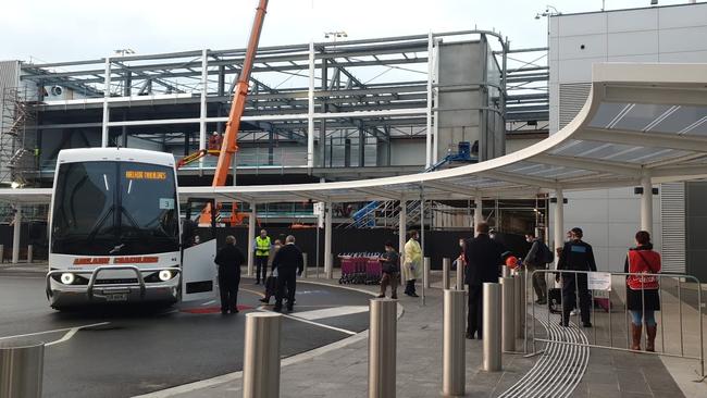 A commercial flight carrying 120 Australian citizens arrived in Adelaide from Kuala Lumpur on Saturday morning. They were bussed straight into quarantine at a city hotel. Picture: Morgan Sette