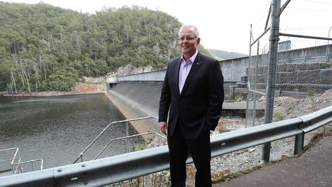 Prime Minister Scott Morrison during the announcement of the Battery of the Nation at Cethana Dam and Power Station in Tasmania. Picture: Adam Taylor