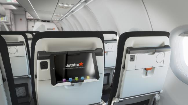 Jetstar's brand new A321neo LR features larger overhead storage bins, a USB charging port and flipdown cradle for tablets and smart phones.