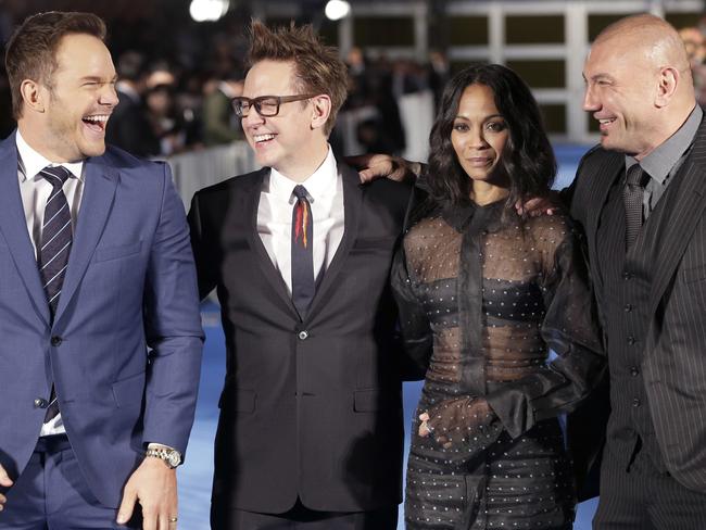 Zoe Saldana with Chris Pratt, left, director James Gunn, and Dave Bautista for the Japanese premiere of Guardians of the Galaxy Vol. 2. Picture: AP/Shizuo Kambayashi.