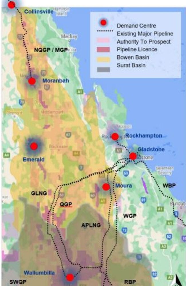 Existing gas pipelines in the Bowen Basin. Source: Bowen Basin Concept Study