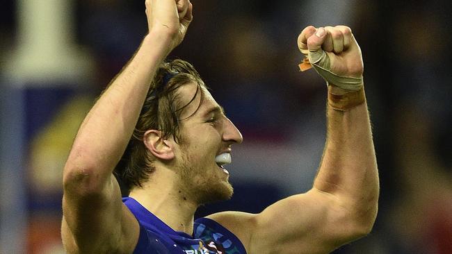 Marcus Bontempelli celebrates after a Bulldogs win. Picture: AAP