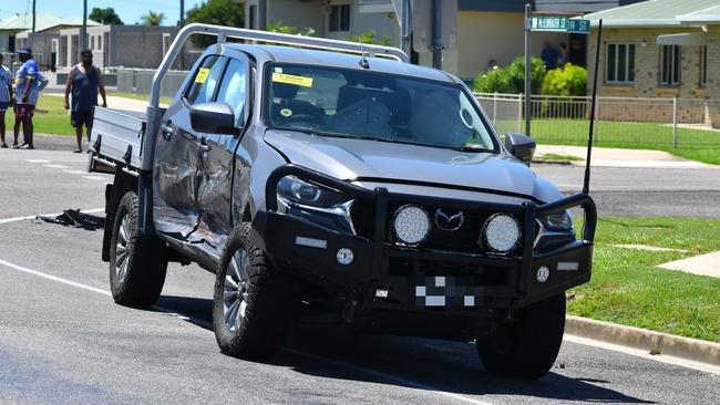 One of the vehicles badly damaged in the two-vehicle collision on the intersection of McIlwraith and Dutton streets in Ingham on Sunday morning. Picture: Cameron Bates