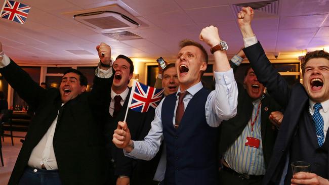 The Brexit result, as celebrated by elated “leave” supporters here, posed a middle finger to elites who regard anyone who doesn’t share their fashionable views as stupid, uneducated bigots. (Pic: AFP/GEOFF CADDICK)