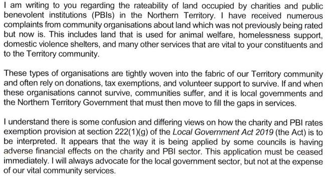 Excerpt of Local Government Minister Chansey Paech's letter to Northern Territory mayors. Picture: Northern Territory Government