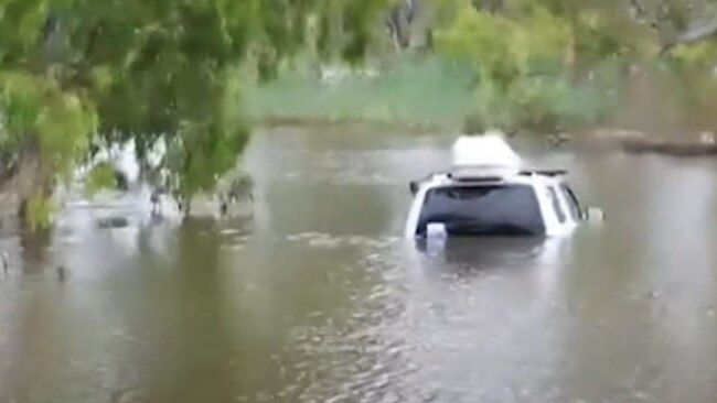 Driver escaped this car which became submerged in floodwaters at Younghusband in the Mid-Murray. Picture: 7NEWS