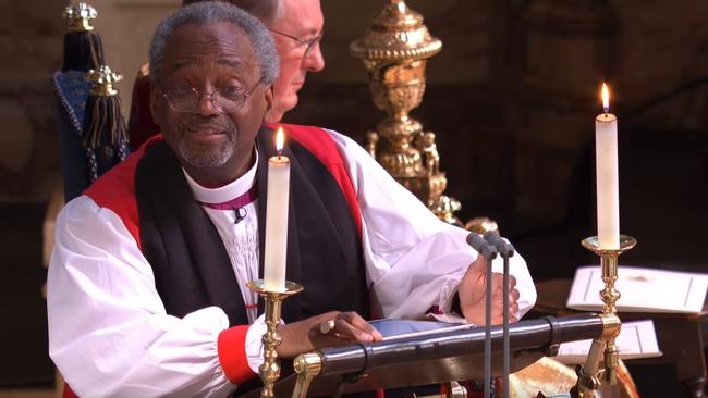 Bishop Michael Curry helped keep Meghan’s race and faith centre stage during the ceremony. Picture: BBC