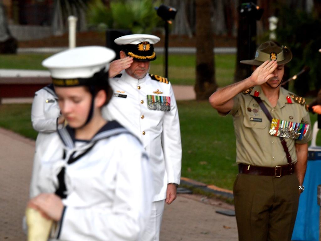 Dawn Service at Anzac Park for 83rd commemoration of Battle of Coral Sea. Commander Andrew Thorpe and Brigadier Ben McLennan. Picture: Evan Morgan