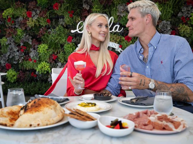 Western Bulldogs star Rory Lobb and his fiance Lexi Mary celebrating Valentine's Day on the Rooftop at the Stella restaurant in South Yarra. Picture: Tony Gough