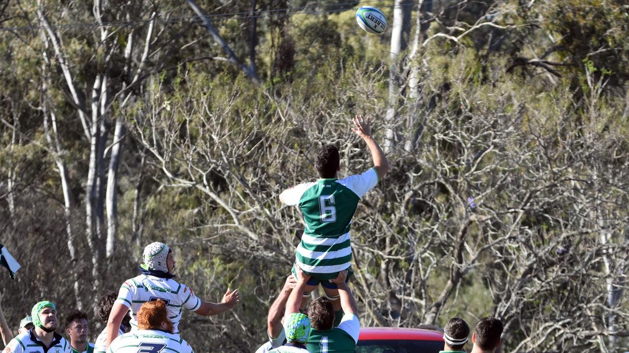 The Rangers player rises for the ball in Saturday’s Barber Cup rugby match against Brisbane Irish. Picture: Gary Reid