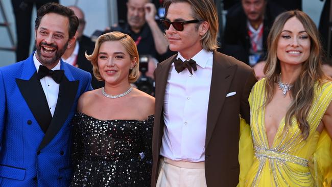 Nick Kroll, Florence Pugh, Chris Pine and Olivia Wilde attend the "Don't Worry Darling" red carpet at the 79th Venice International Film Festival in September. Picture: Kate Green/Getty Images