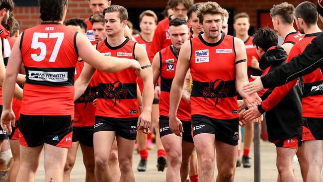 Romsey run out onto the field during the round 16 Riddell District Football Netball League 2023 Bendigo Bank Seniors match between Romsey and Macedon at Romsey Park in Romsey, Victoria on August 5, 2023. (Photo by Josh Chadwick)