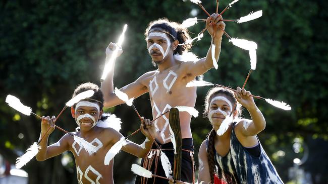 Minjin dancers Jeffrey Daniels 13, Otis Morrison and Bianca Kyle 16 who will be performing at the UMI Arts' Big Talk One Fire festival on this weekend. PICTURE: ANNA ROGERS