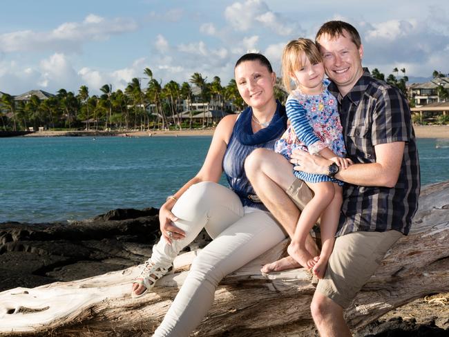 Anna Bowditch (left), Stephen Bowditch (right) and their daughter Natalia in Hawaii. Picture: Supplied by Maurice Blackburn Lawyers.