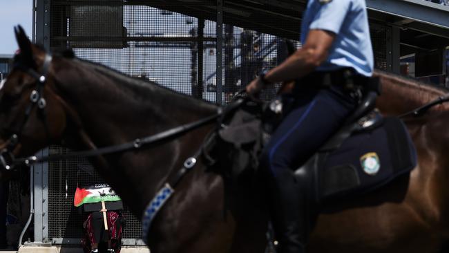 A heavy police presence was on hand at the rally on Sunday, similar to the one pictured here on Saturday, when a pro-Palestine protest to attempt to block an Israel ZIM Shipping boat takes place at Port Botany foreshore boat ramp today. Picture: NCA NewsWire/ Dylan Robinson