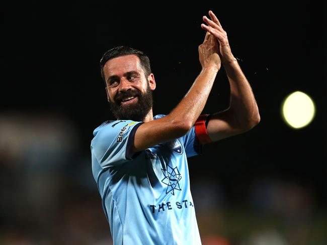SYDNEY, AUSTRALIA - JANUARY 04: Alex Brosque of Sydney celebrates scoring a goal during the round 11 A-League match between Sydney FC and the Central Coast Mariners at WIN Jubilee Stadium on January 04, 2019 in Sydney, Australia. (Photo by Mark Metcalfe/Getty Images)
