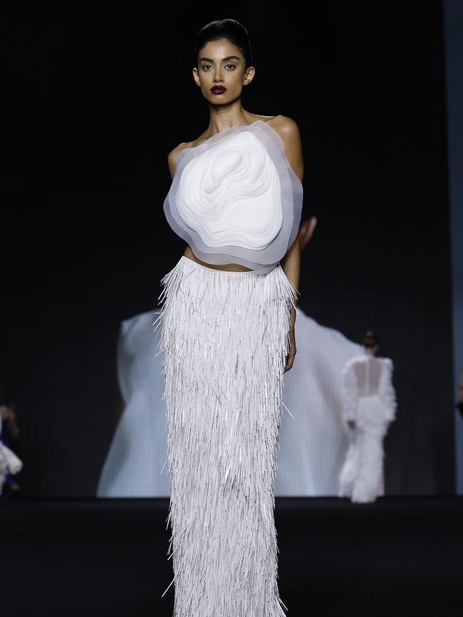 Texture! A model walks the runway during the MARIAM SEDDIQ show at Australian Fashion Week 2025 at Carriageworks on May 15, 2025 in Sydney, Australia. (Photo by Brendon Thorne/Getty Images)