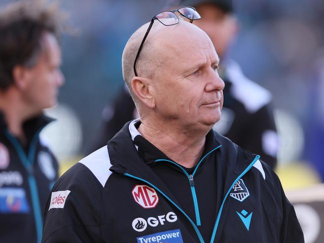 ADELAIDE, AUSTRALIA - JULY 06: Ken Hinkley, Senior Coach of the Power during the 2024 AFL Round 17 match between the Port Adelaide Power and the Western Bulldogs at Adelaide Oval on July 05, 2024 in Adelaide, Australia. (Photo by James Elsby/AFL Photos via Getty Images)