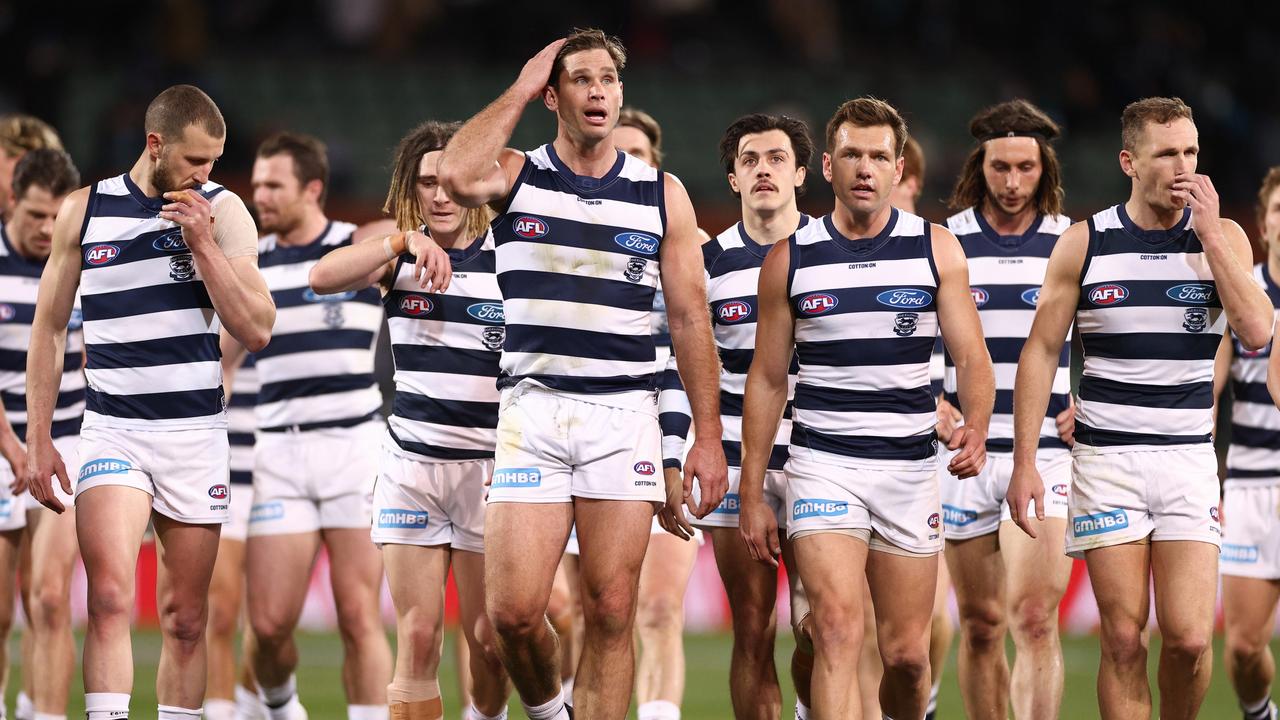 Tom Hawkins leads the Cats off the ground after the qualifying final loss. Picture: Daniel Kalisz/Getty Images