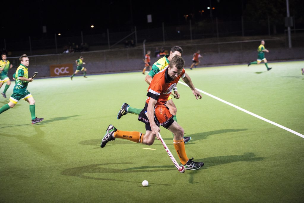 Meteors' Mitchell Ryan during the men's A1 final between the Sparks and Meteors at the Gladstone and District Hockey Association Grand Finals Day, 2014. Picture: Luka Kauzlaric