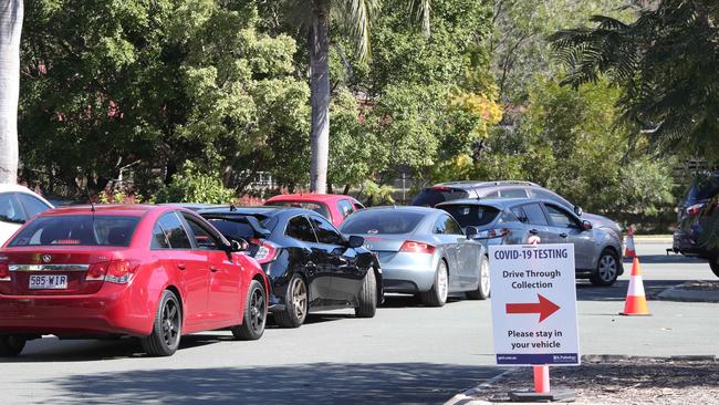 People being tested at the mobile Covid testing centre at Outback Spectacular Carpark at Oxenford. Picture Glenn Hampson.