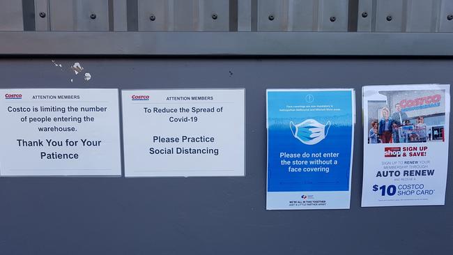 Signage outside Ringwood's Costco store urging shoppers to abide by coronavirus safety measures. Picture: Kiel Egging.