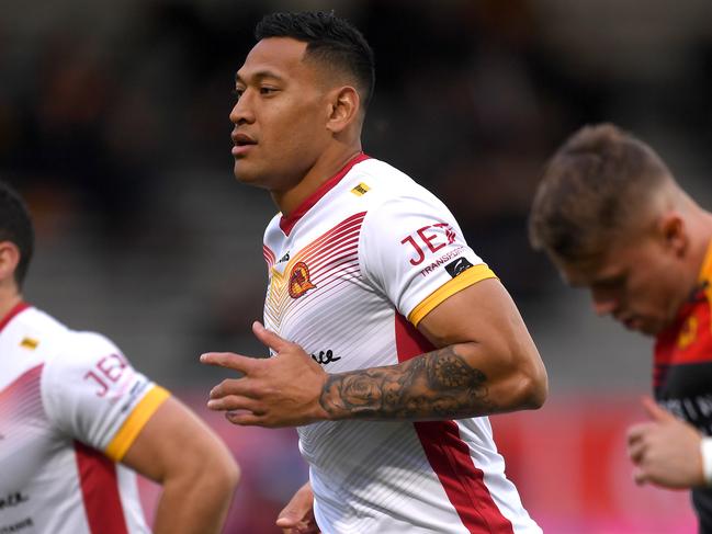 Israel Folau was in the Catalans Dragons’ run-on side early this morning. Picture: Getty