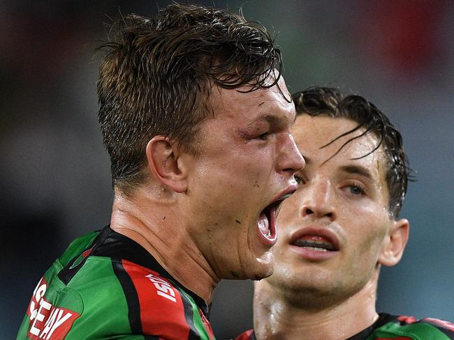 Liam Knight (left) and Cameron Murray of the Rabbitohs celebrate their win over the Sea Eagles in the First Semi Final between the South Sydney Rabbitohs and the Manly Sea Eagles in week 2 of the NRL Finals Series at ANZ Stadium in Sydney, Friday, September 20, 2019. (AAP Image/Dan Himbrechts) NO ARCHIVING, EDITORIAL USE ONLY