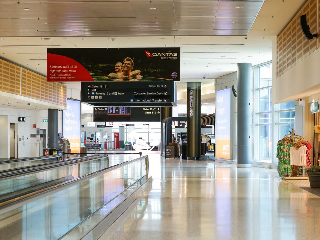 The Qantas Sydney Domestic terminal departure gates remain a ghost town due to COVID-19. Picture: NCA NewsWire/Gaye Gerard