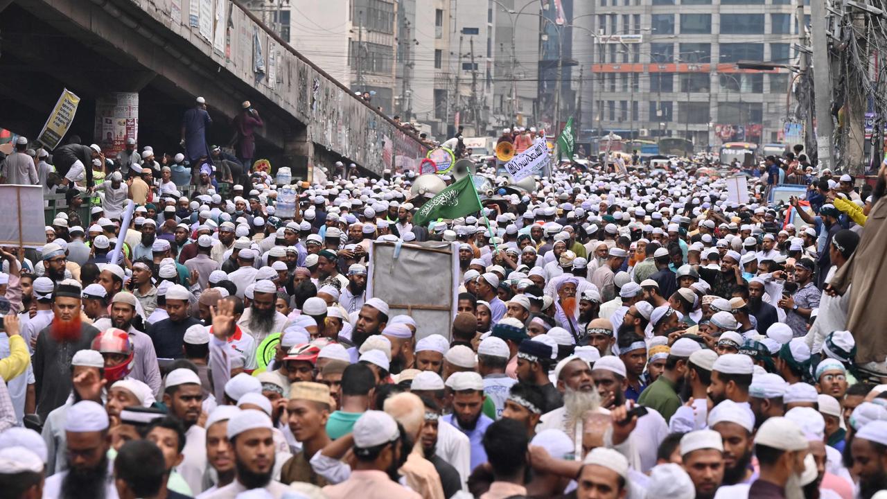 Activists and supporters shout slogans as they march towards the Indian embassy in Dhaka. Picture: Munir Uz Zaman/AFP